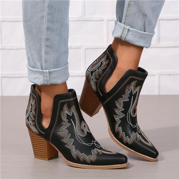 New Boho Embroidered Cowgirl Booties - Western Ankle Boots, Cutout Detailing - Picture 2 of 6